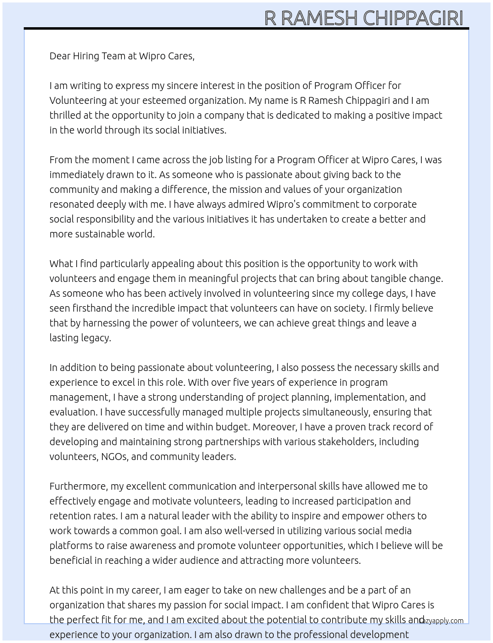 Program Officer - Volunteering  At Wipro Cares  Cover Letter