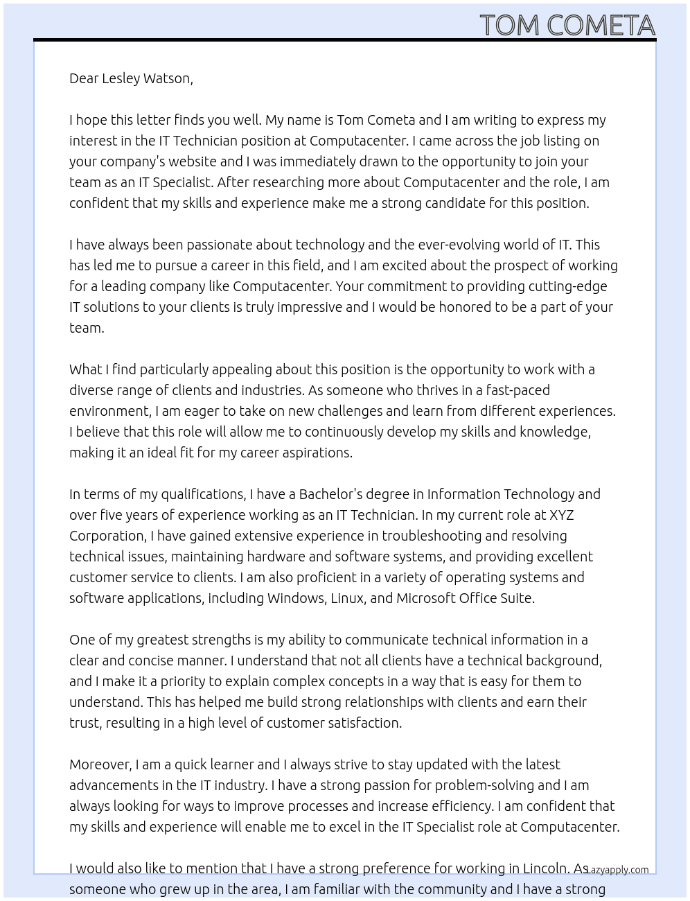 IT Technician At Computacenter Cover Letter