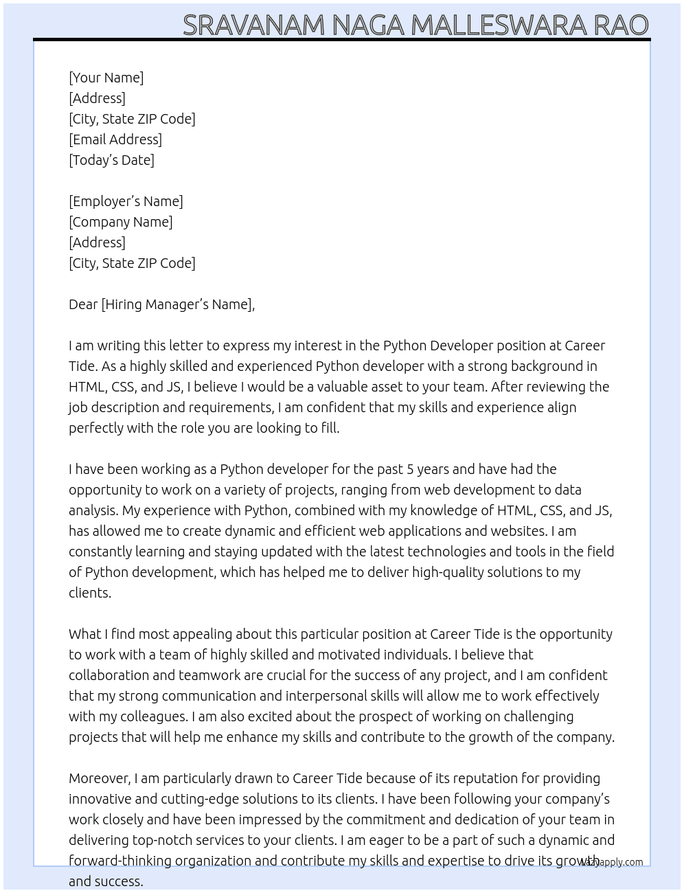 Python developer At Career tide Cover Letter
