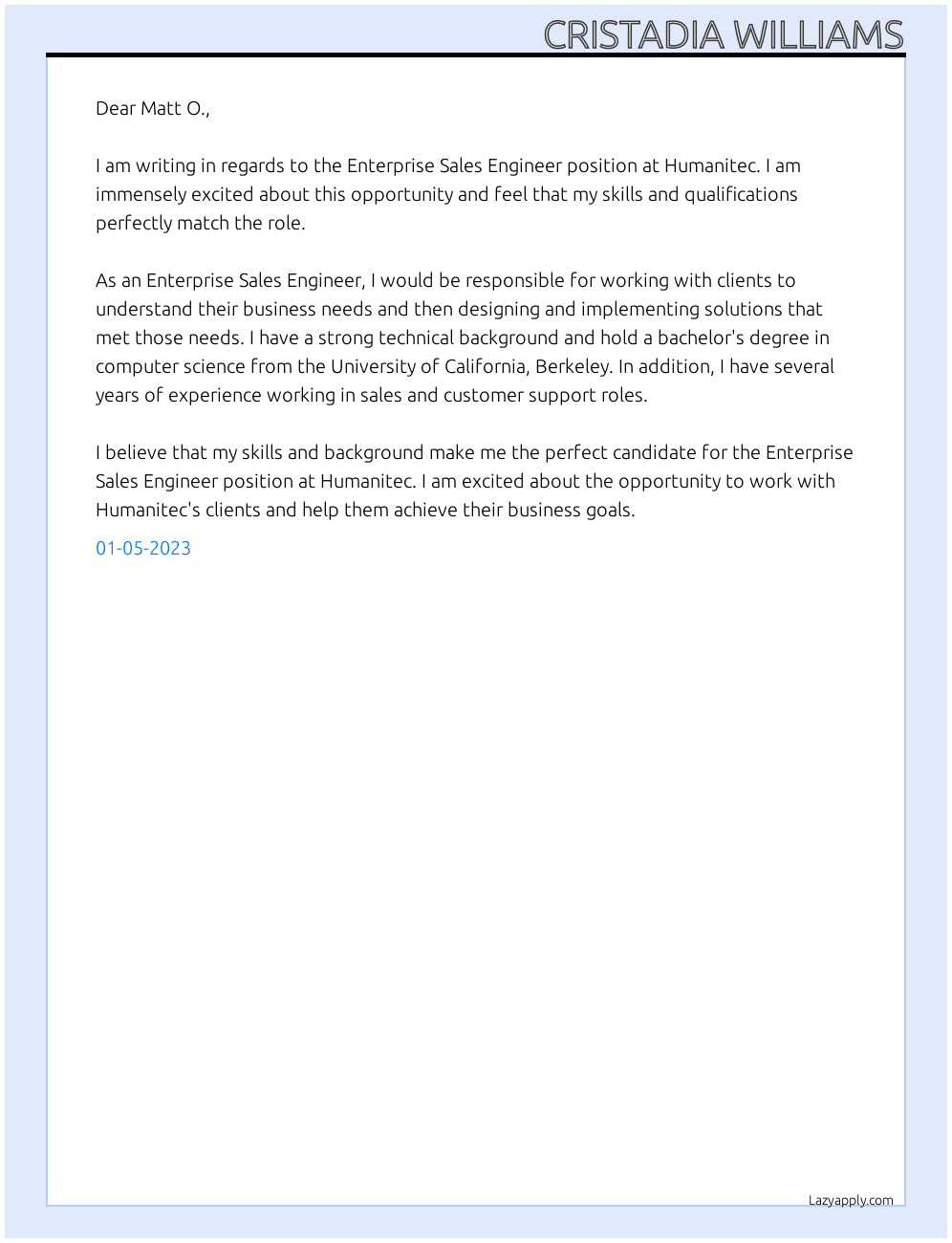 Enterprise Sales Engineer  At Humanitec Cover Letter