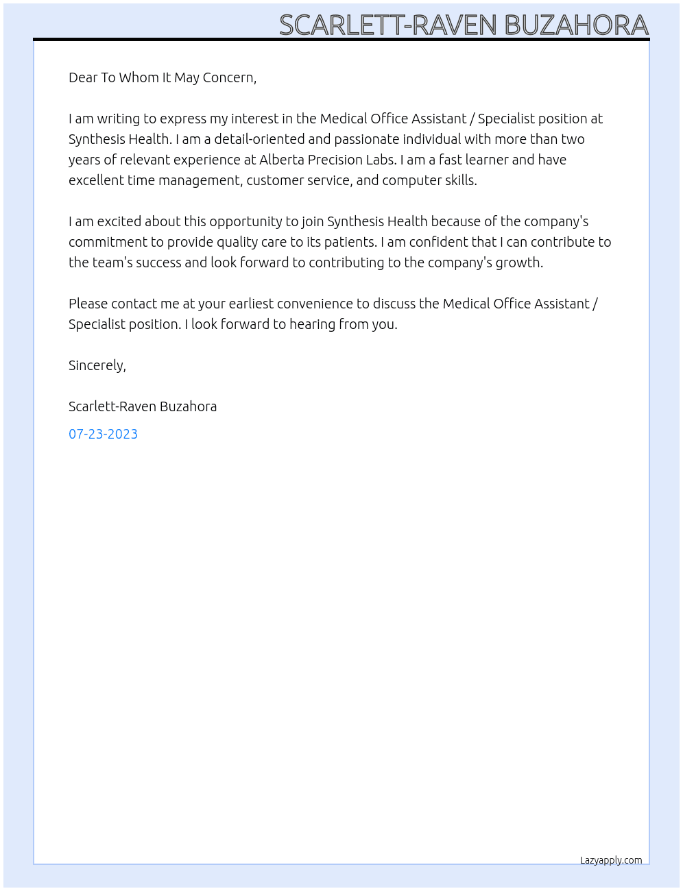Medical Office Assistant / Specialist At Synthesis Health Cover Letter