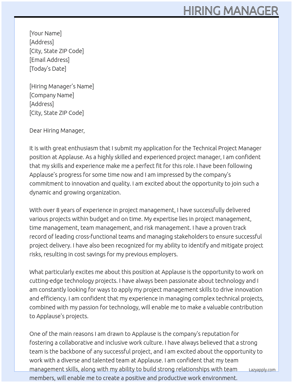 Technical project manager At Applause Cover Letter