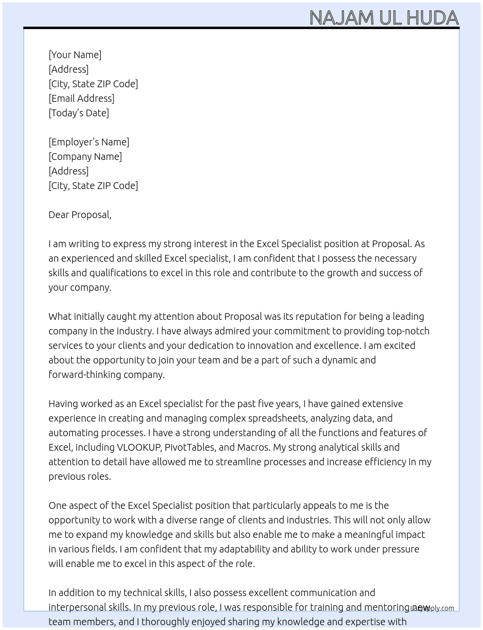 Excel specialist At Proposal Cover Letter