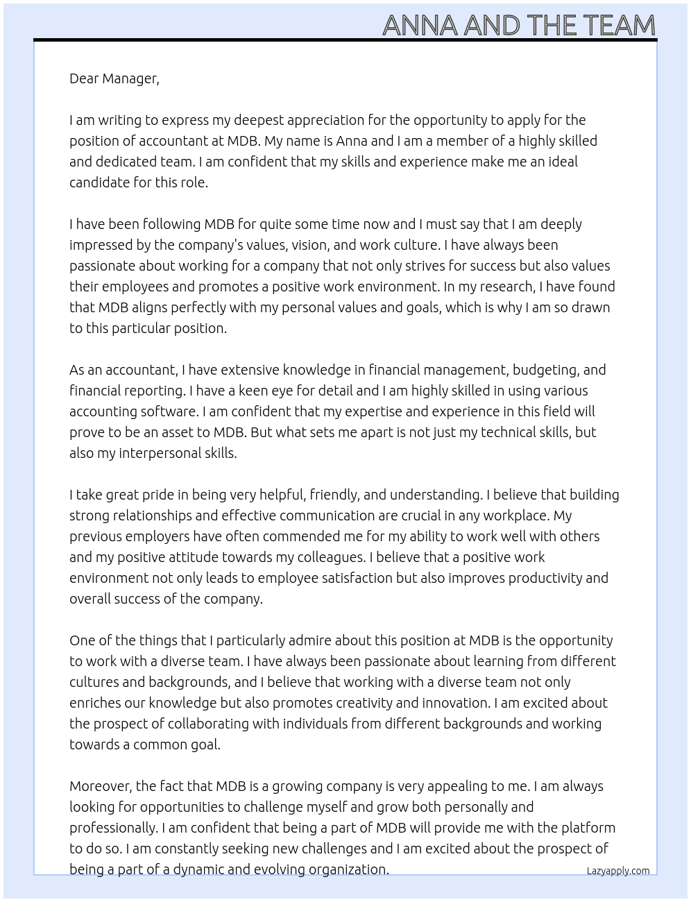 accountant At MDB Cover Letter