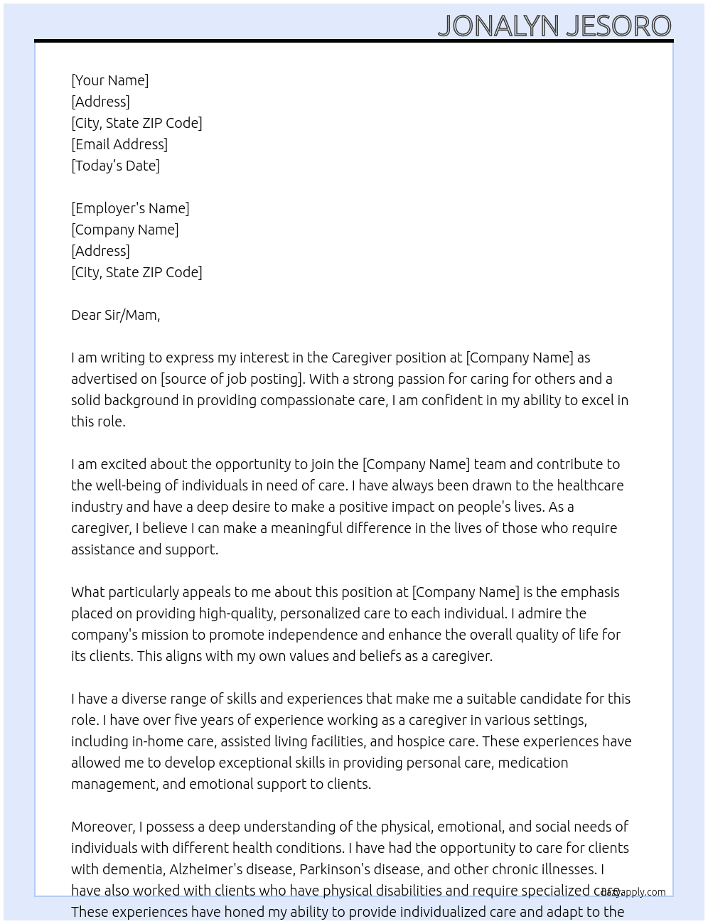 Caregiver  At Sir,mam Cover Letter