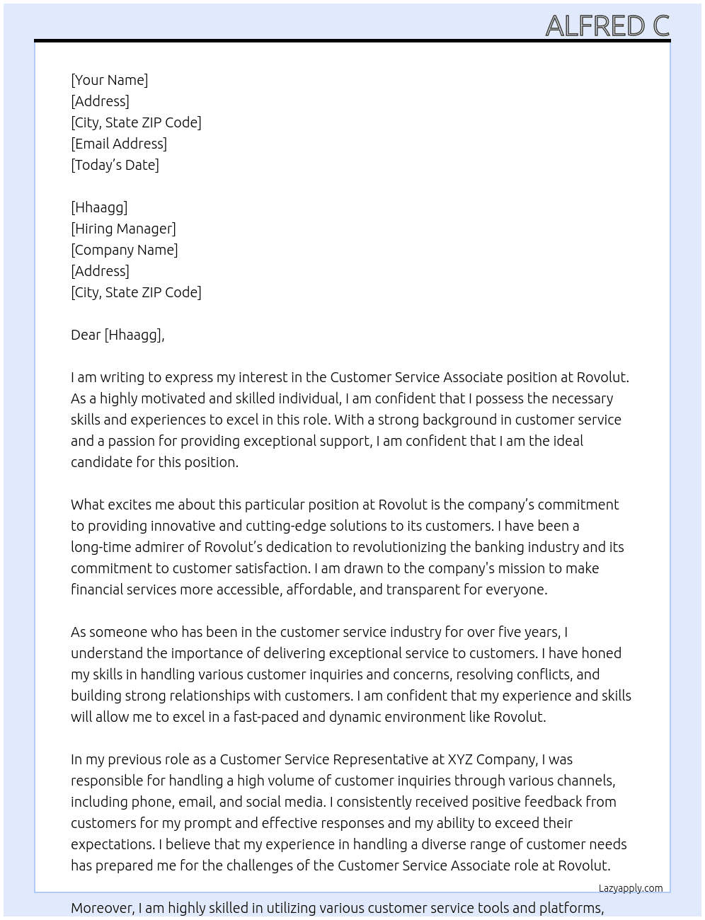 Customer Service Associate At Rovolut Cover Letter
