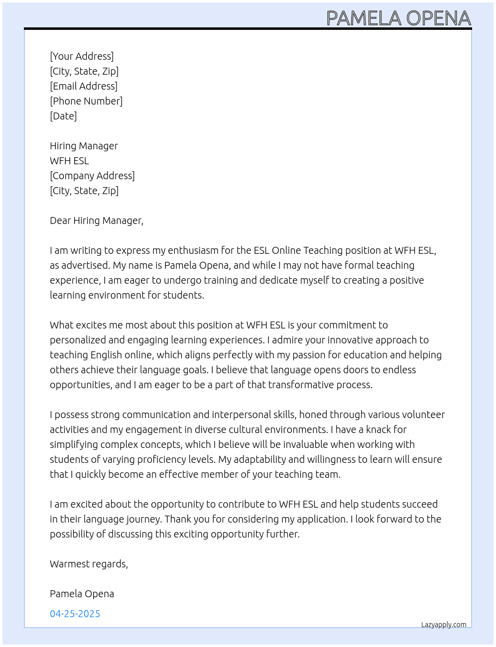 ESL Online Teaching No Experience, willing to undergo training At WFH ESL Cover Letter