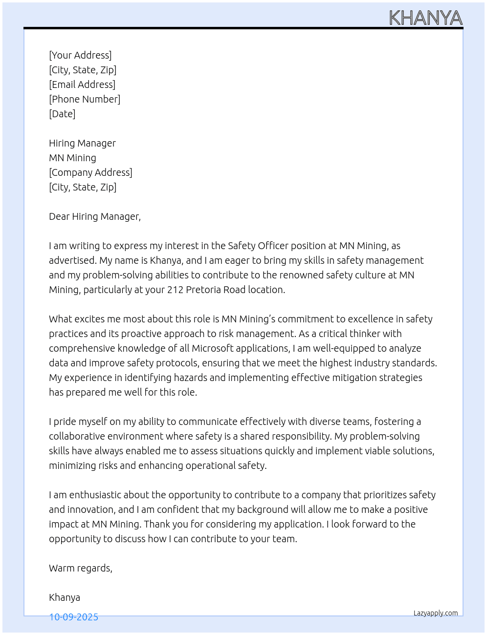 safety management At MN Mining Cover Letter