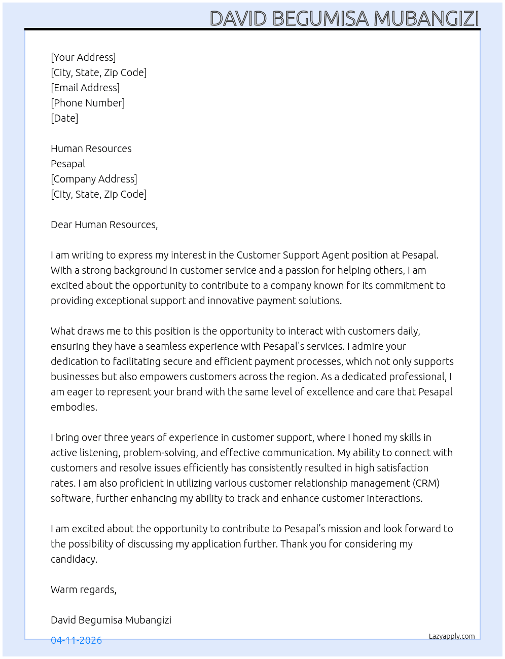 Customer Support Agent At Pesapal Cover Letter