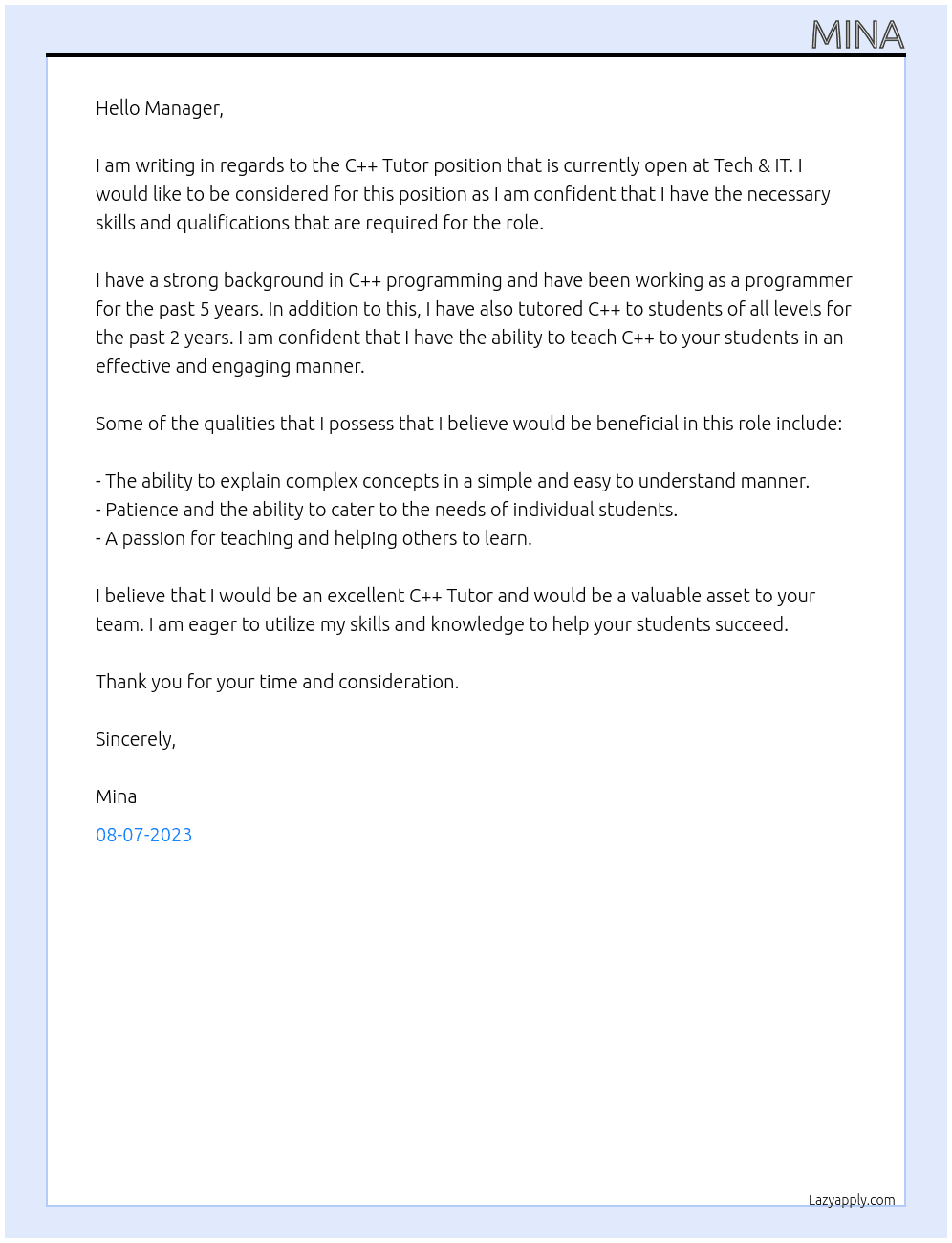 C++ Tutor At Tech & IT Cover Letter