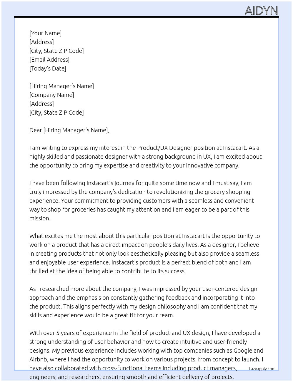 Product/UX Designer At Instacart Cover Letter