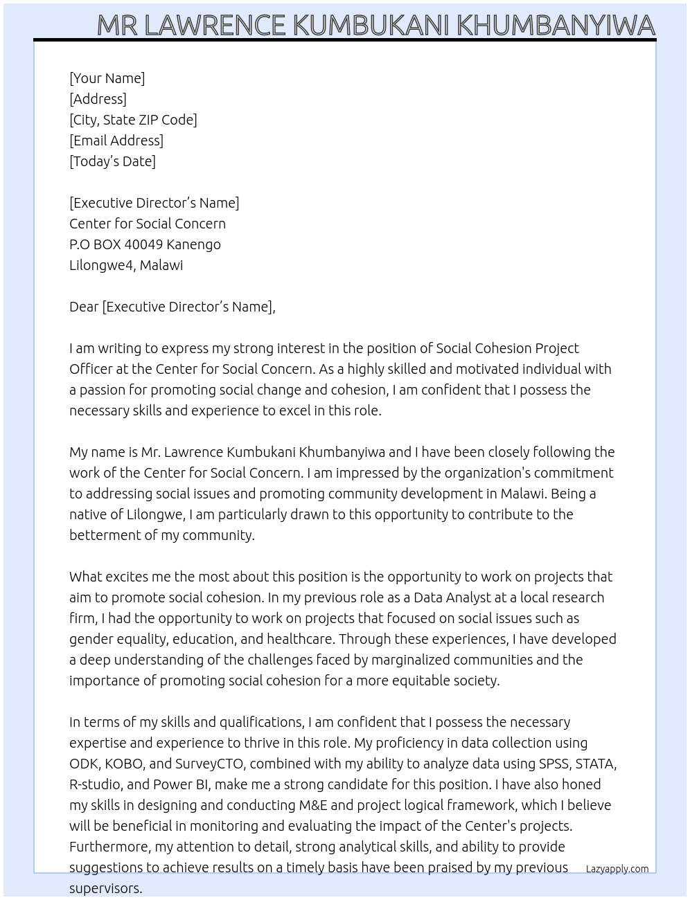 social cohesion project officer At center for social concern Cover Letter