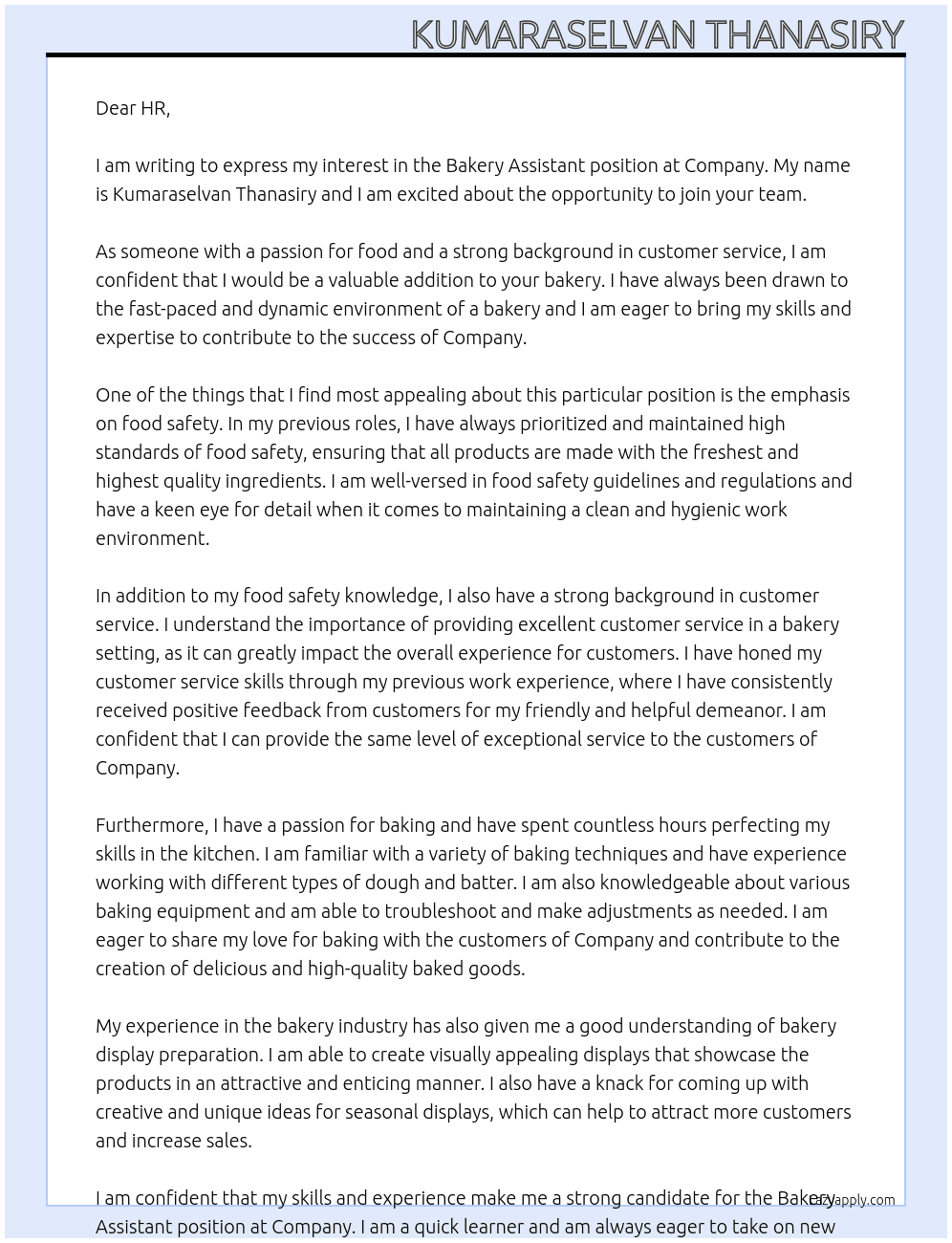 Bakery Assistant At Company Cover Letter