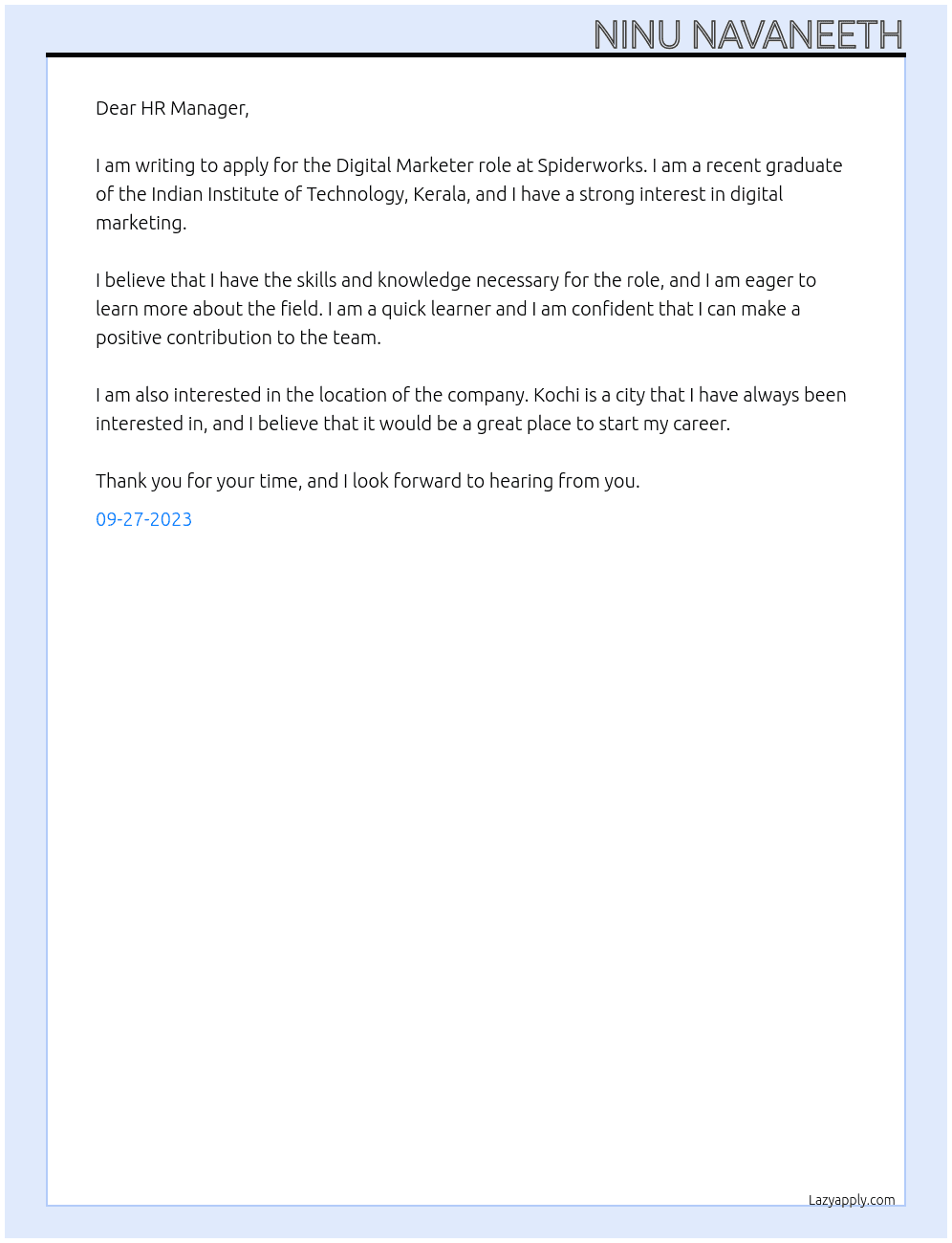 Digital marketer At Spiderworks Cover Letter