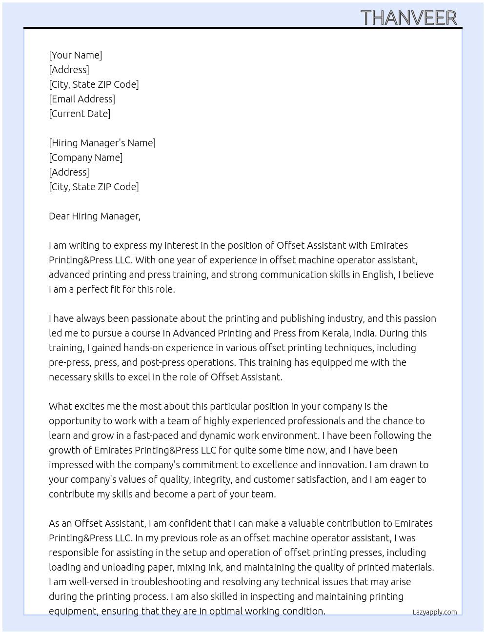Offset assistant  At Emirates printing&press llc Cover Letter