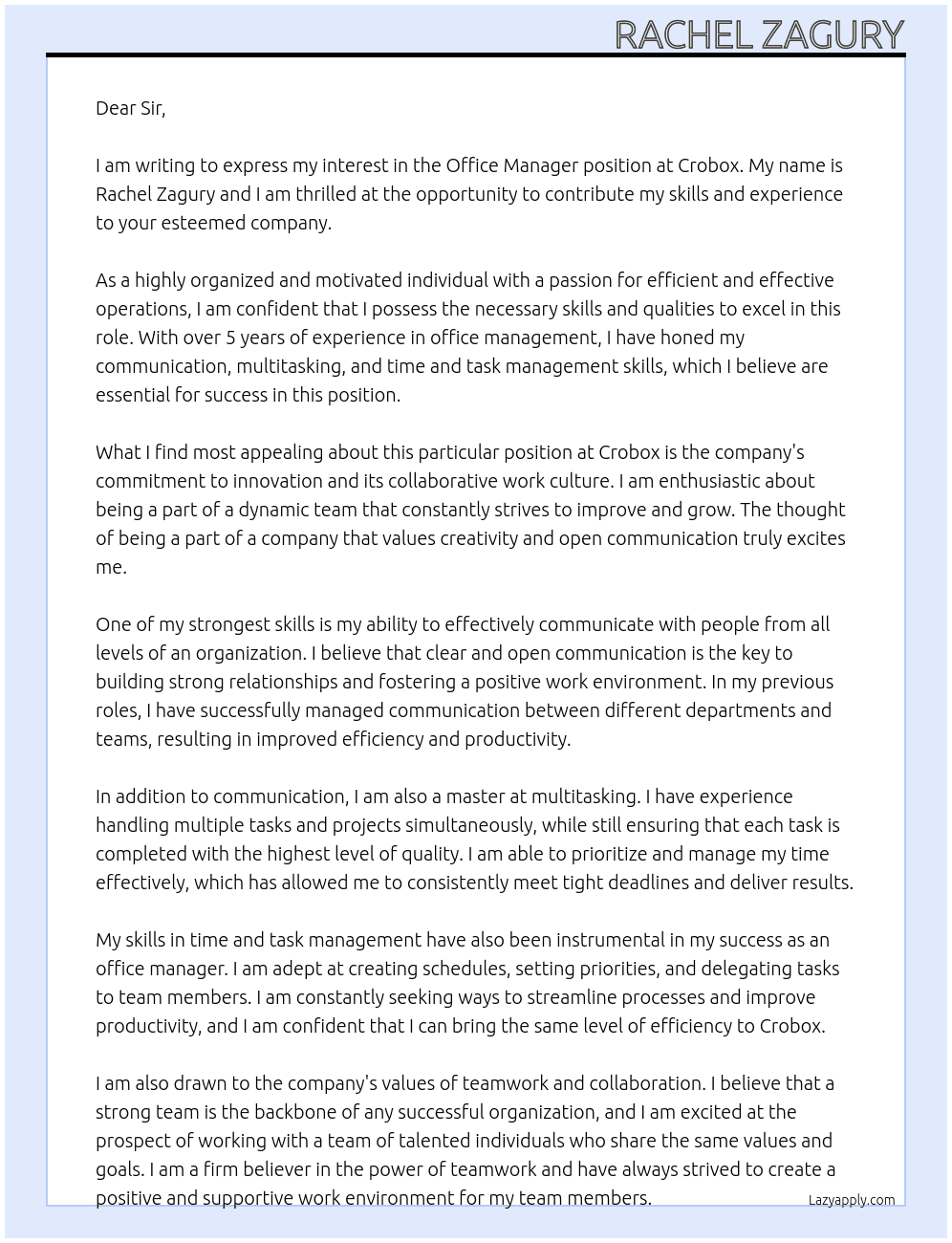 Office Manager At Crobox Cover Letter