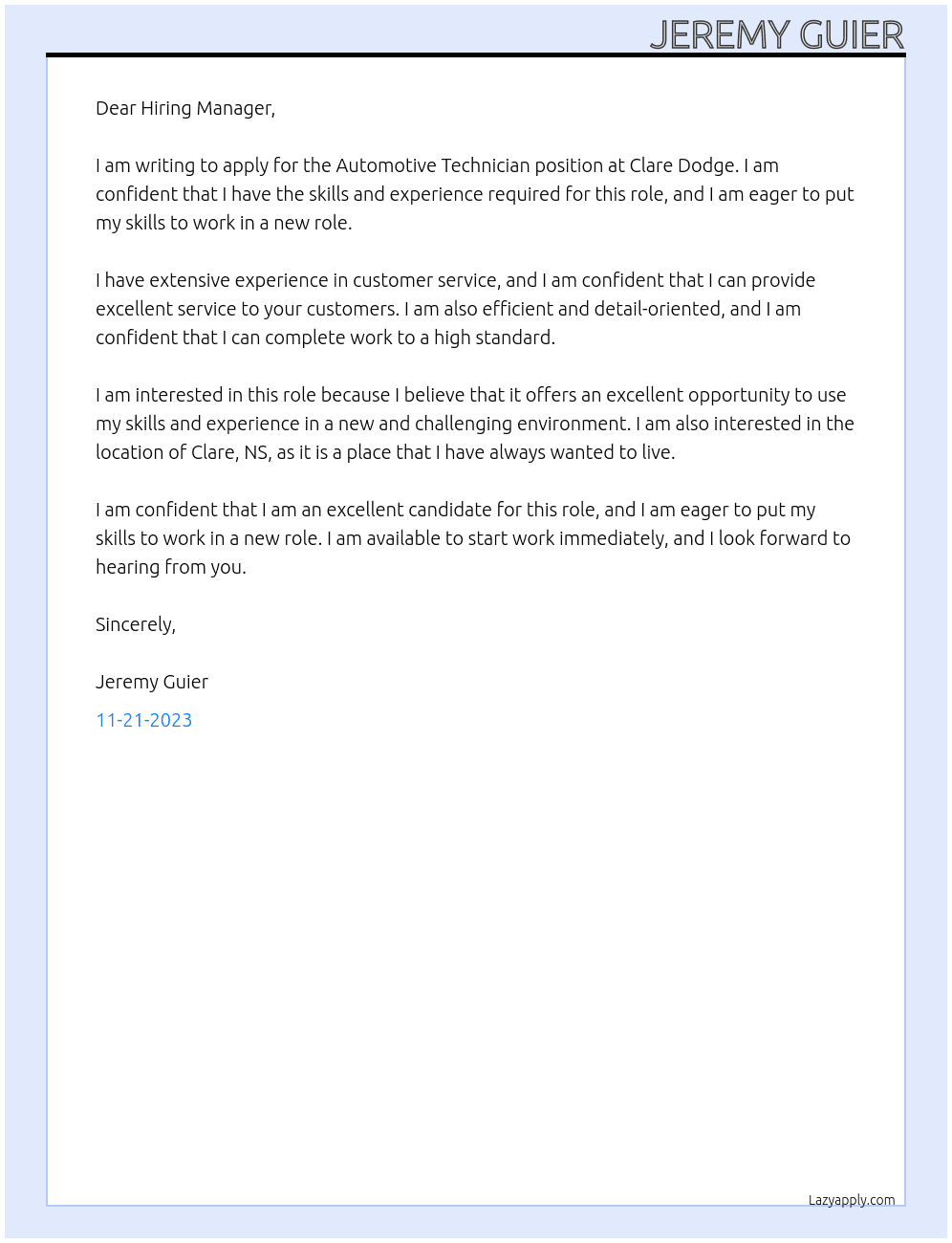 Automotive Technician At Clare Dodge Cover Letter