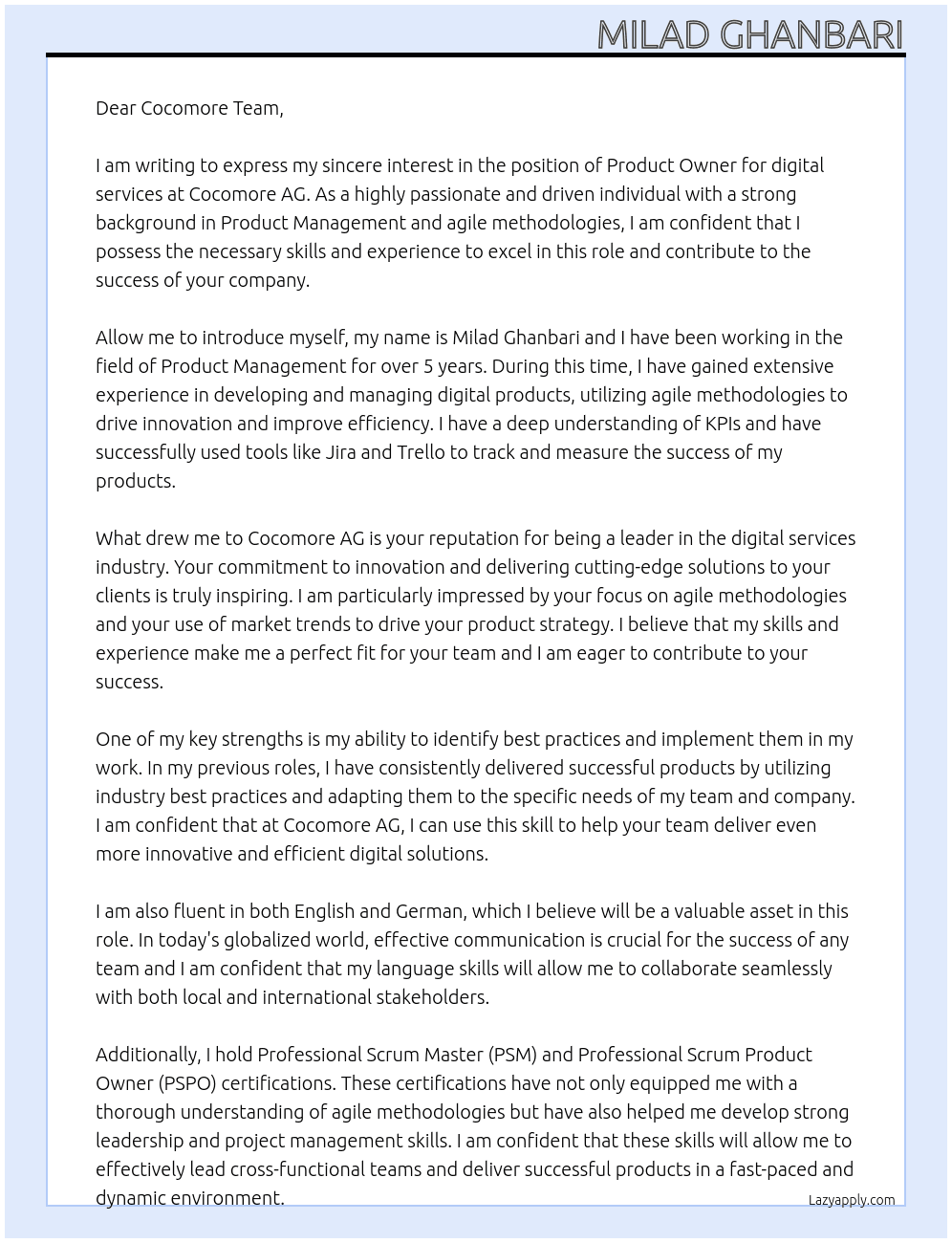 Product Owner for digital services At Cocomore AG Cover Letter