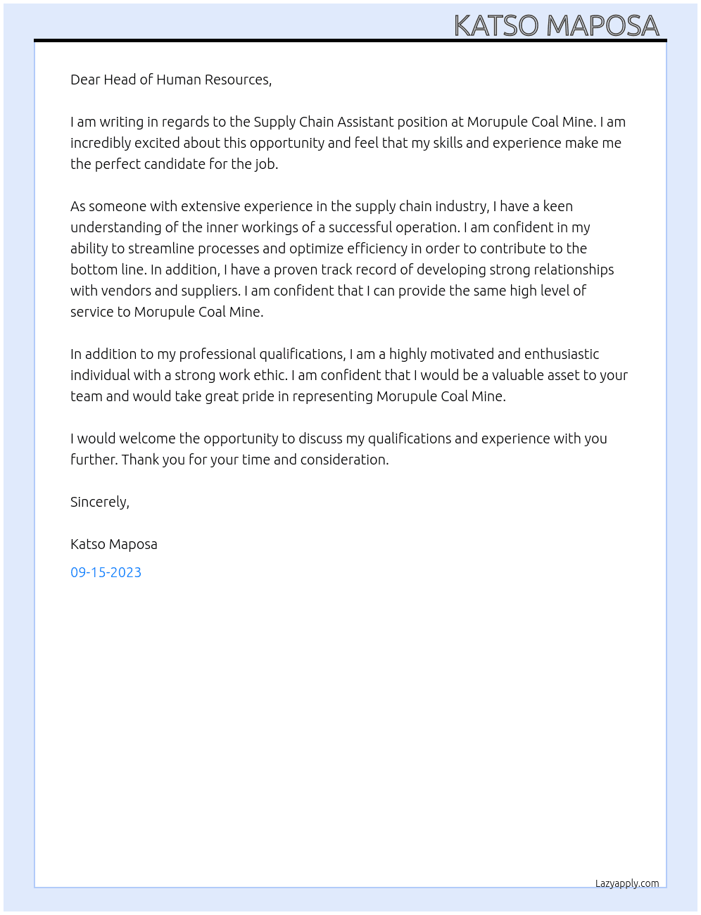 Supply chain assistant At Morupule Coal Mine Cover Letter