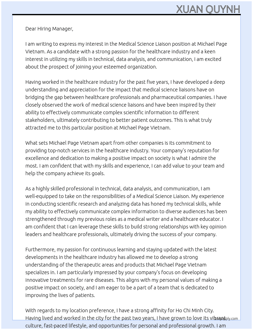 Medical Science Liaison At Michael Page Vietnam Cover Letter