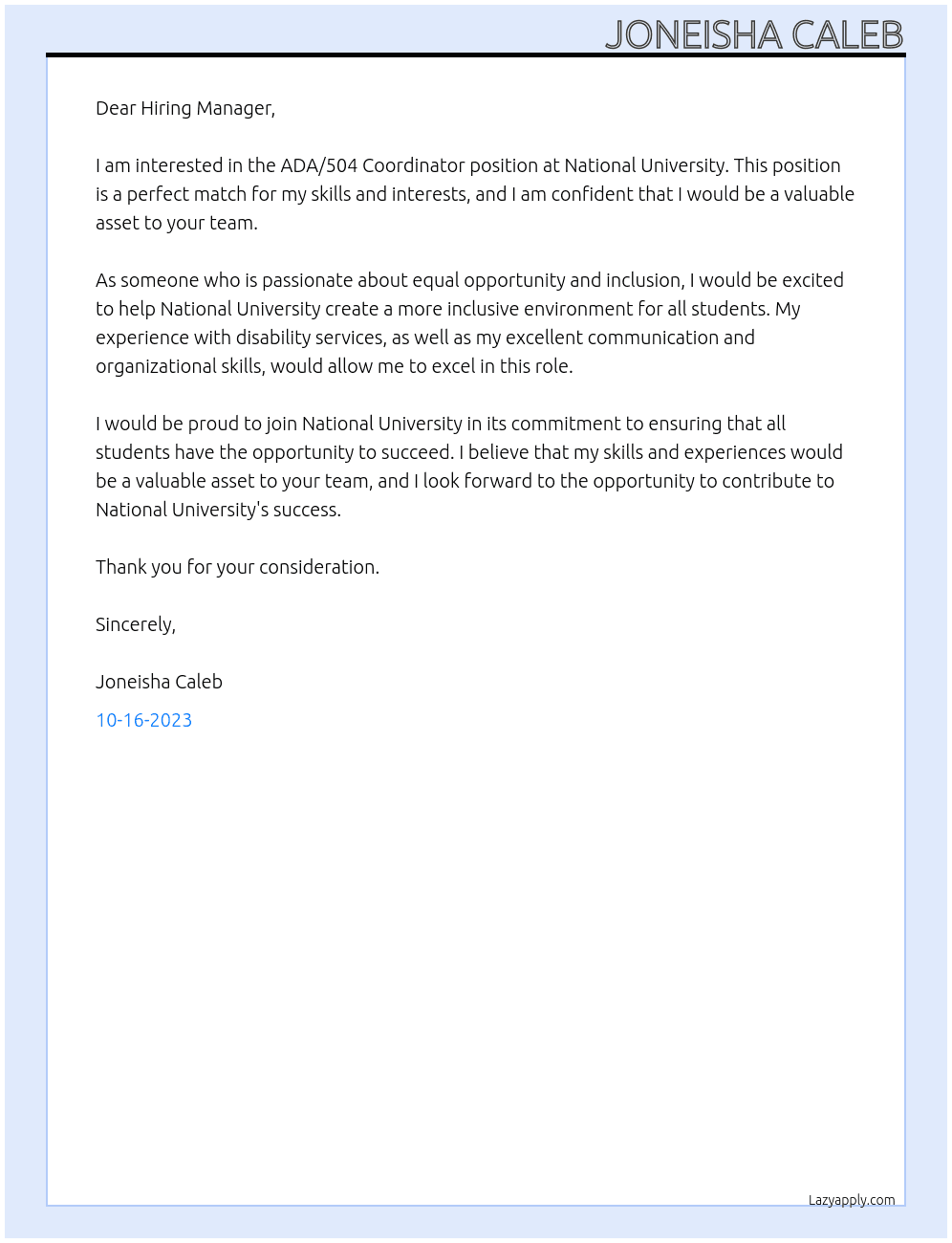 ADA/504 Coordinator At National University Cover Letter