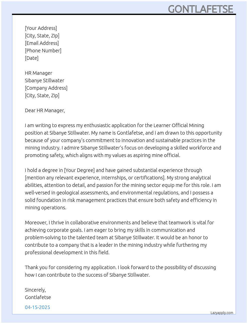 Learner official mining At Sibanye stillwater  Cover Letter