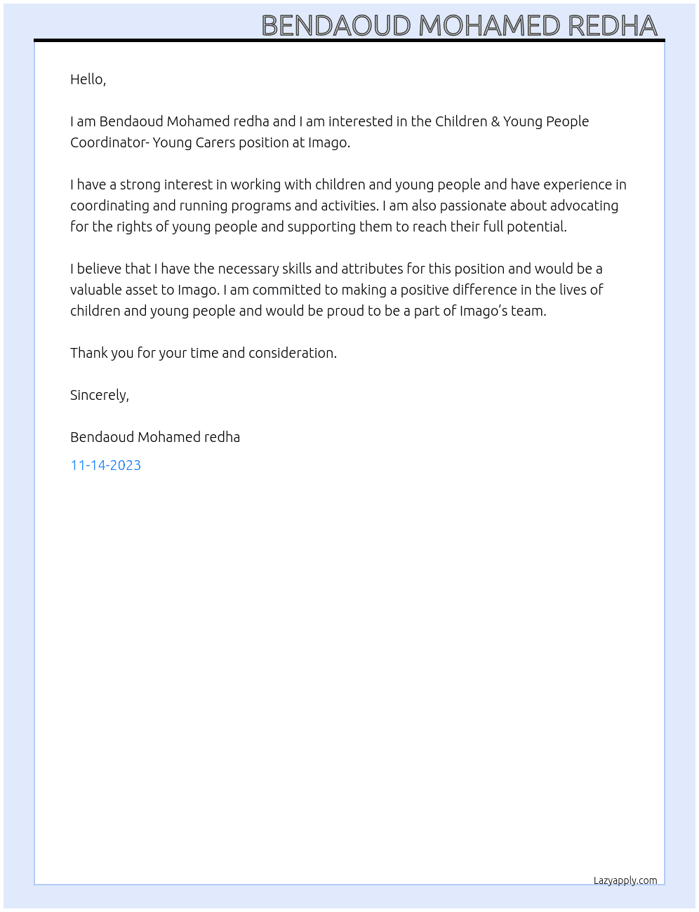 Children & Young People Coordinator- Young Carers At Imago Cover Letter