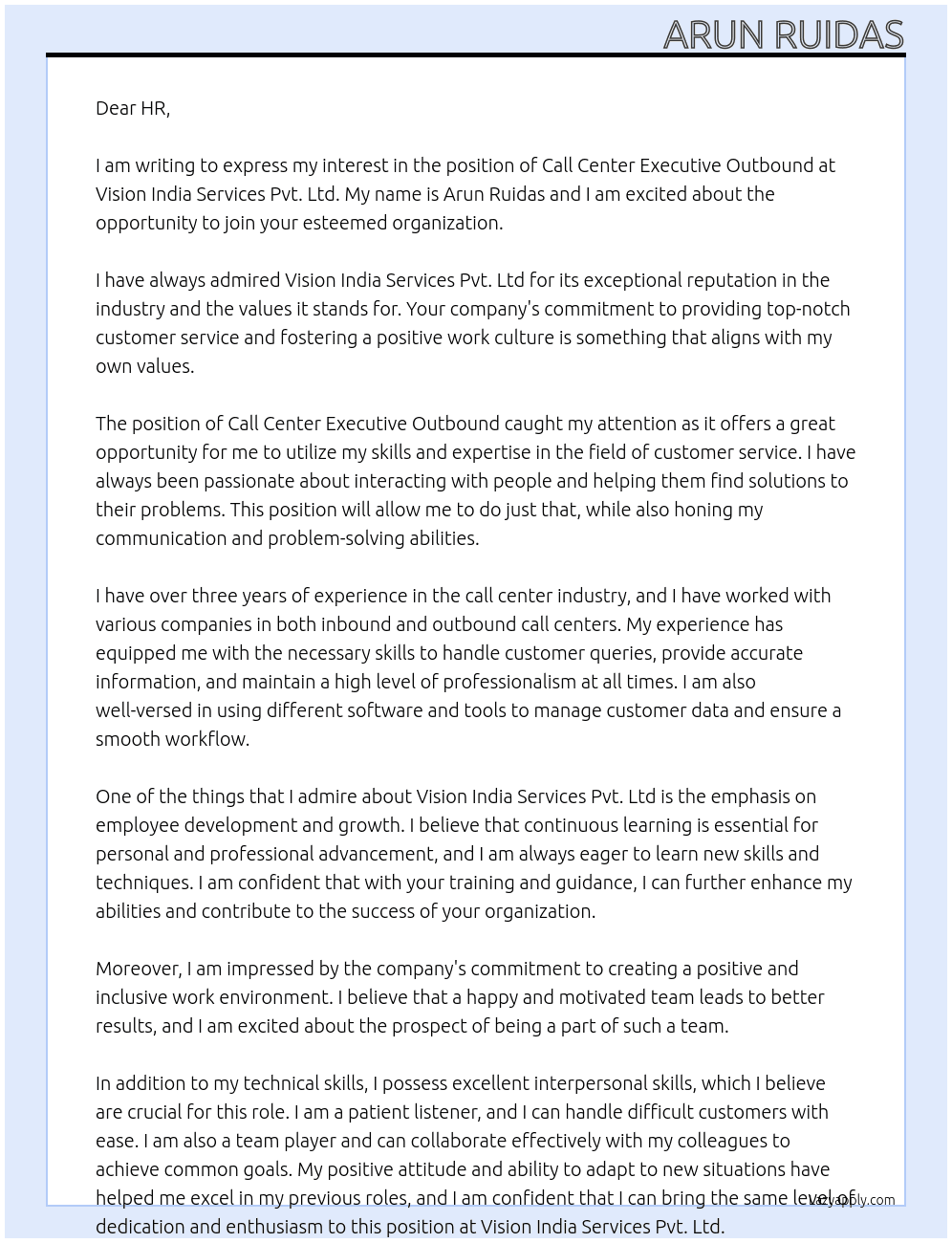 Call Center Executive Outbound" At Vision India Services Pvt. Ltd Cover Letter