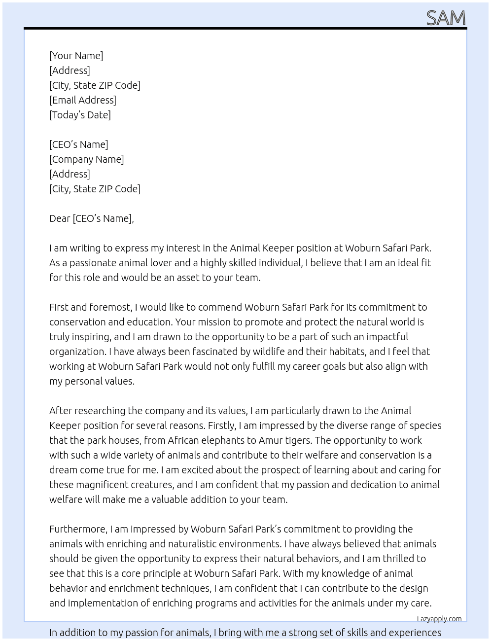 Animal Keepr At Woburn safari park Cover Letter
