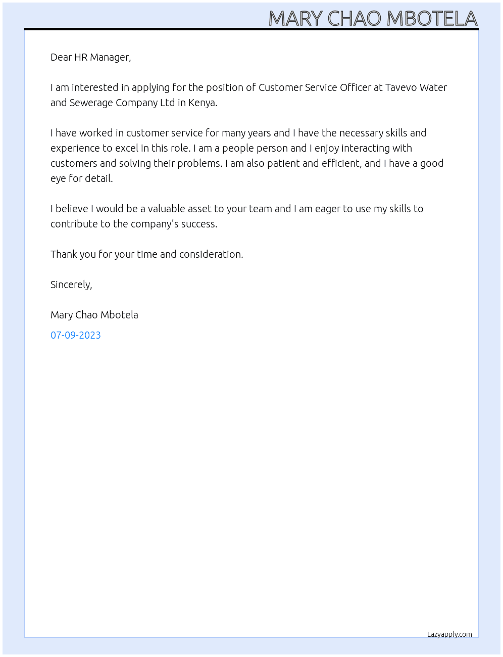 CUSTOMER SERVICE OFFICER At TAVEVO WATER AND SEWERAGE COMPANY LTD ,KENYA Cover Letter