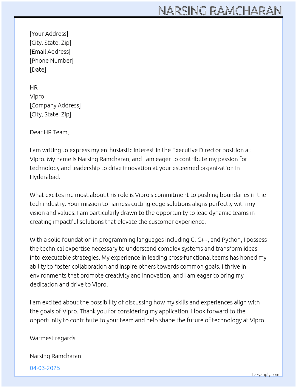 Excutive director  At Vipro  Cover Letter