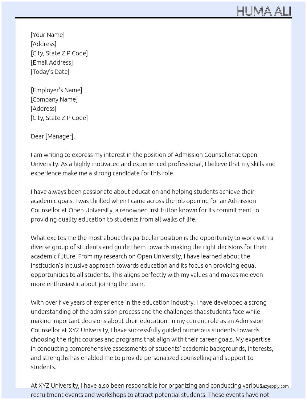 Admission Counsellor At Open University Cover Letter