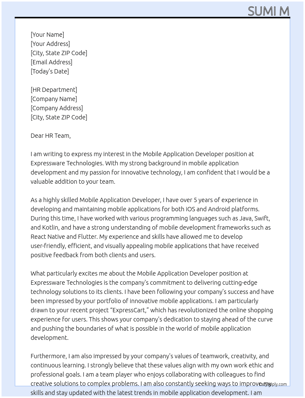 Mobile application developer At Expressware technologies Cover Letter