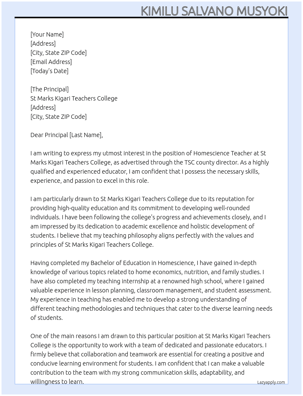 Homescience teacher At St Marks kigari teachers college  Cover Letter
