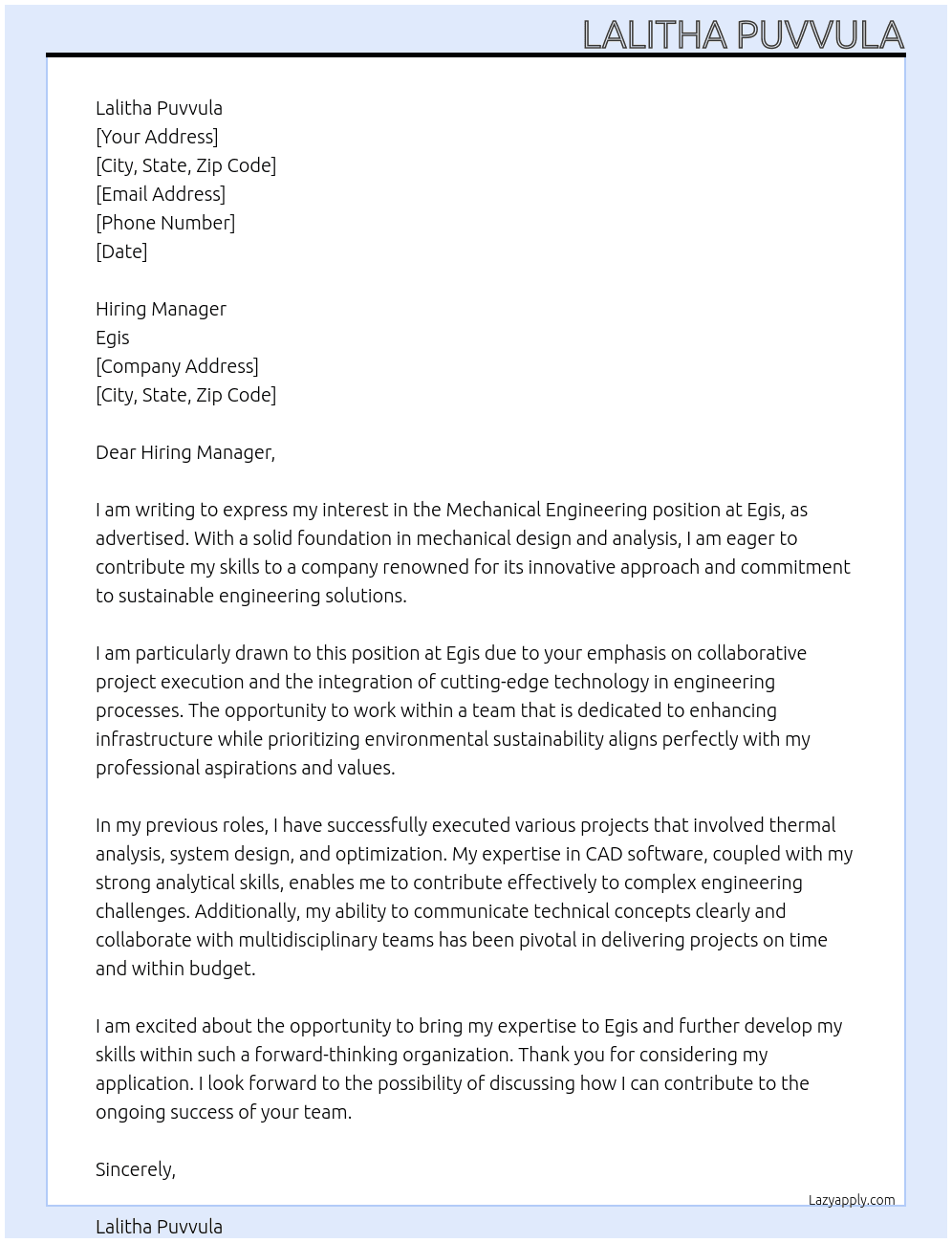 Mechanical Engineering At Egis Cover Letter