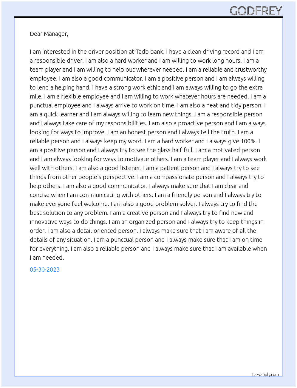 Driver At Tadb bank Cover Letter