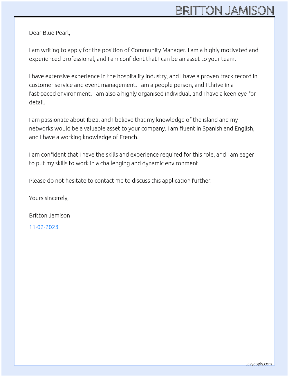Community Manager  At Blue Pearl  Cover Letter