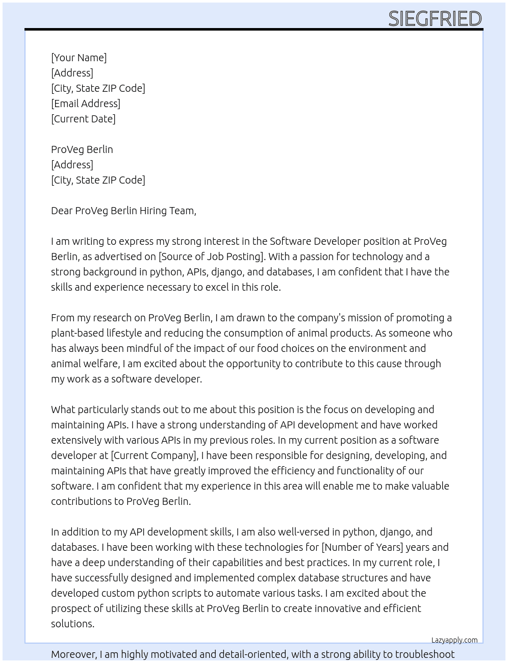 Software Developer At ProVeg Cover Letter