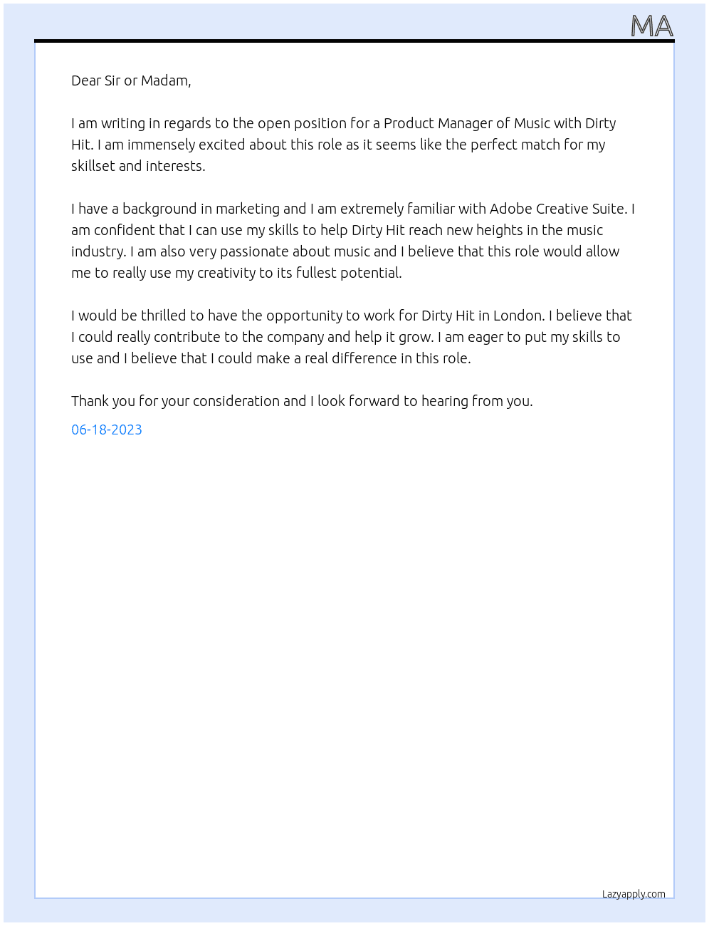 product manager music At dirty hit Cover Letter