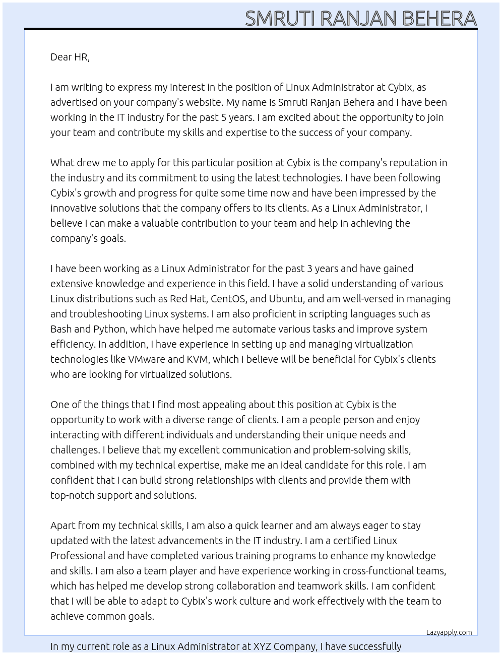 linux administrator At cybix Cover Letter