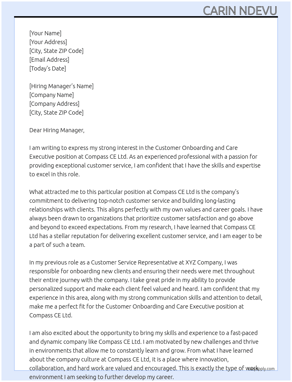 Customer Onboarding and Care Executive At Compass CE Ltd Cover Letter
