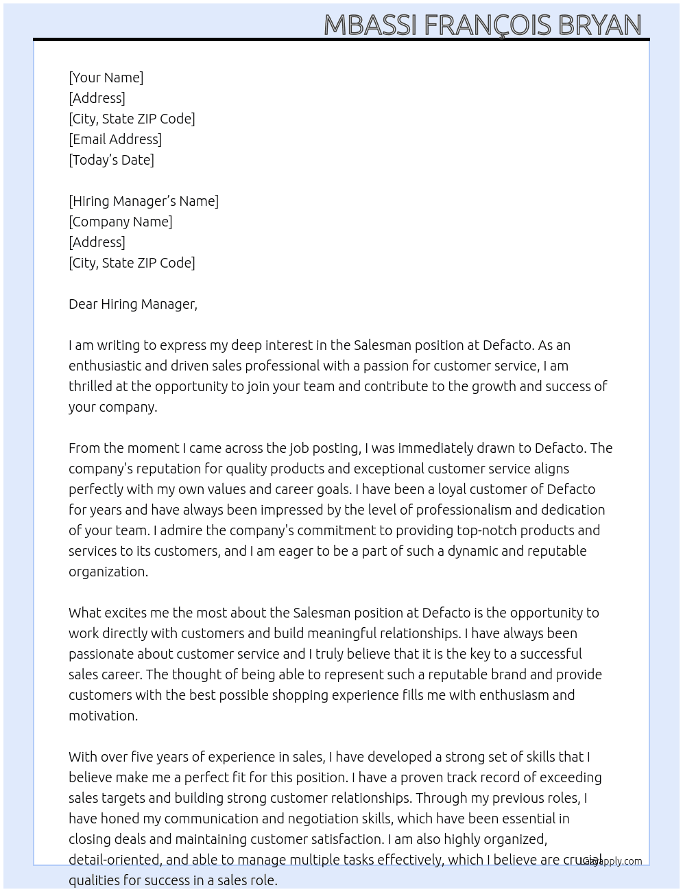 Salesman  At Defacto Cover Letter
