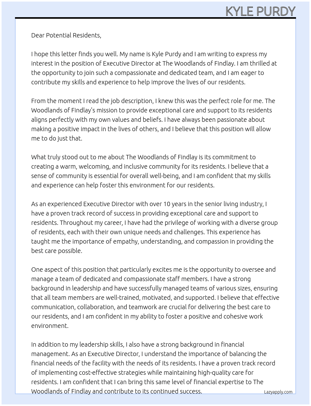 Executive Director  At The Woodlands of Findlay Cover Letter