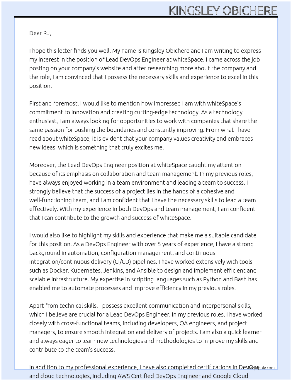 Lead DevOps Engineer At whiteSpace Cover Letter