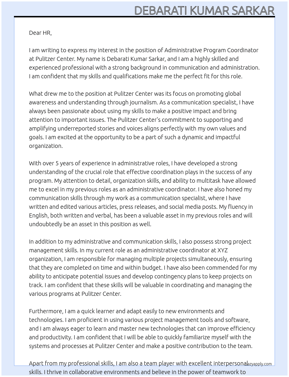 Administrative Program coordinator  At Pulitzer Center Cover Letter
