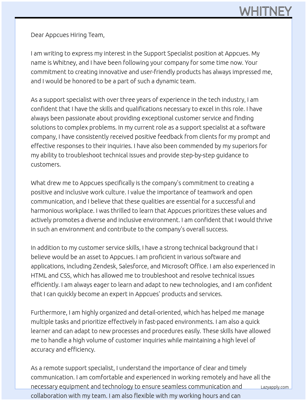support specialist At appcues Cover Letter
