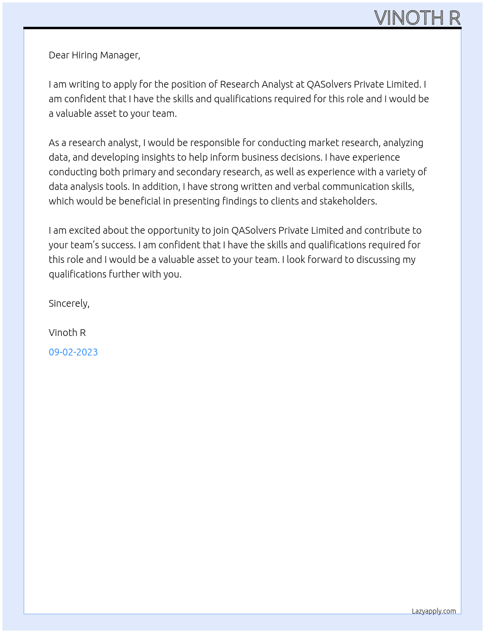 Research Analyst At QASolvers Private Limited Cover Letter
