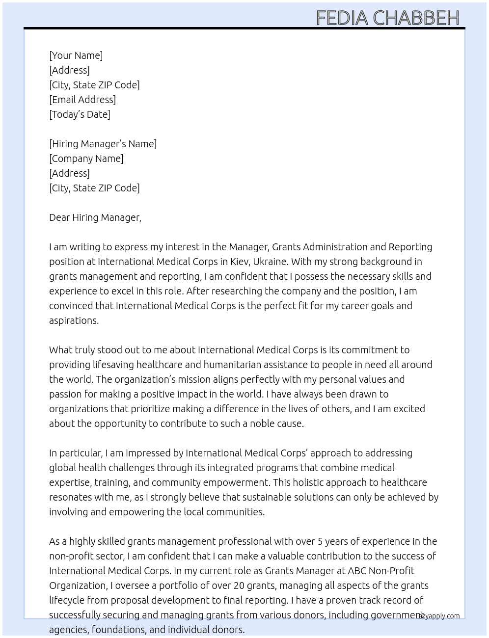 MANAGER, GRANTS ADMINISTRATION AND REPORTING At International Medical Corps, In Kiev, Ukraine  Cover Letter