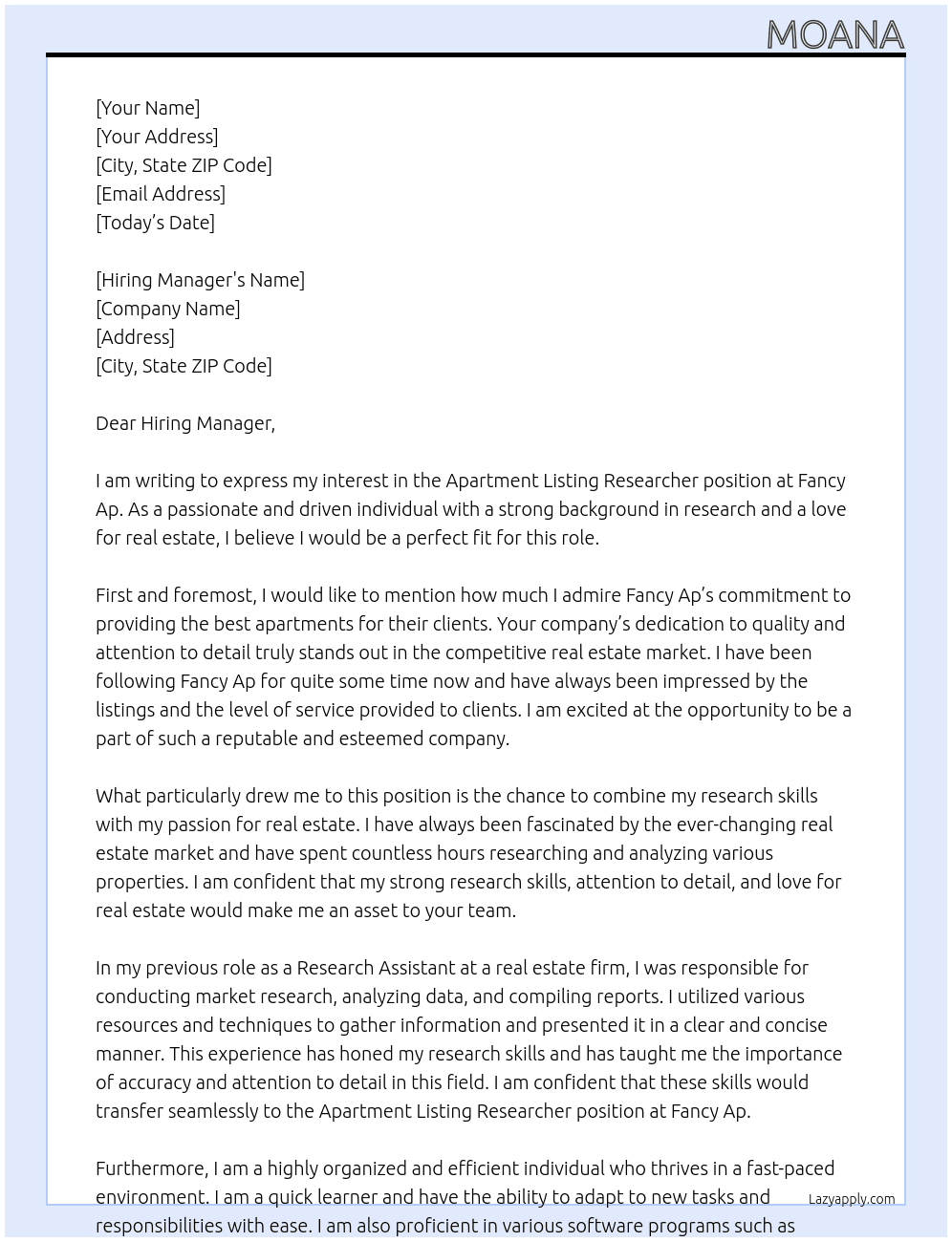 Apartment Listing Researcher At Fancy Ap Cover Letter