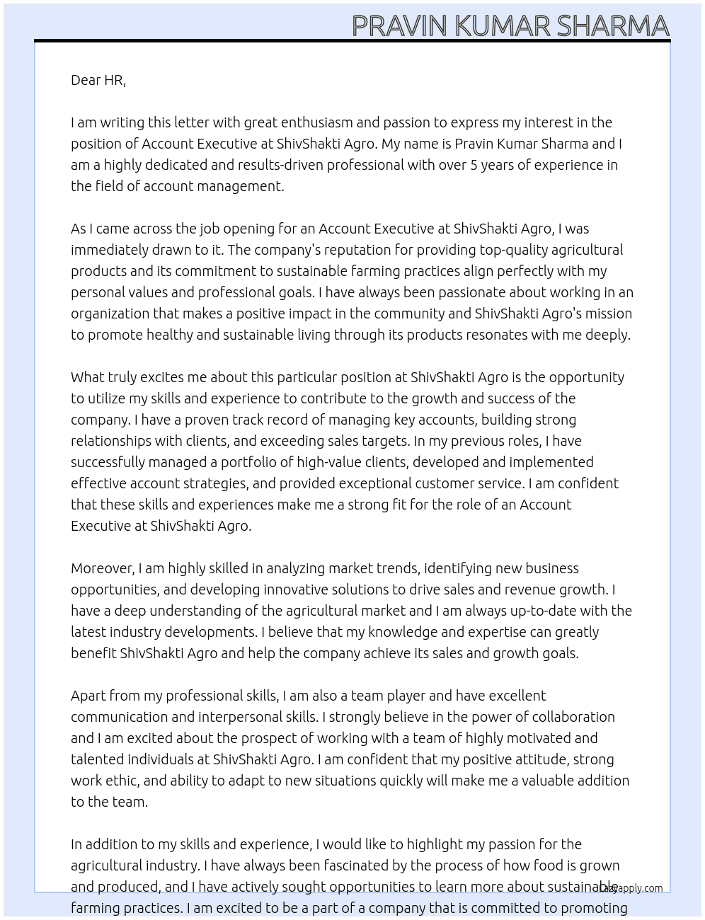 Account Executive At ShivShakti Agro Cover Letter